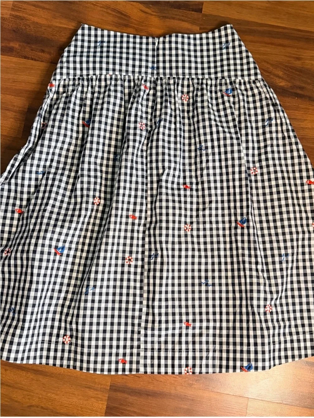 Navy and White Gingham A-Line Skirt with Nautical Embroidery